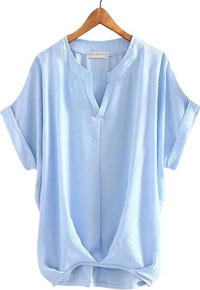 Take Idea Ladies Tops Pure Color Temperament V-Neck Loose and Thin Cotton  and Linen Shirt Womens t Shirts Womens Summer Tops Blouse Women Light Blue  - ShopStyle