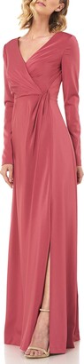 Kay Unger New York Adelina V-Neck Long-Sleeve Stretch Faille Gown w/ Side Slit