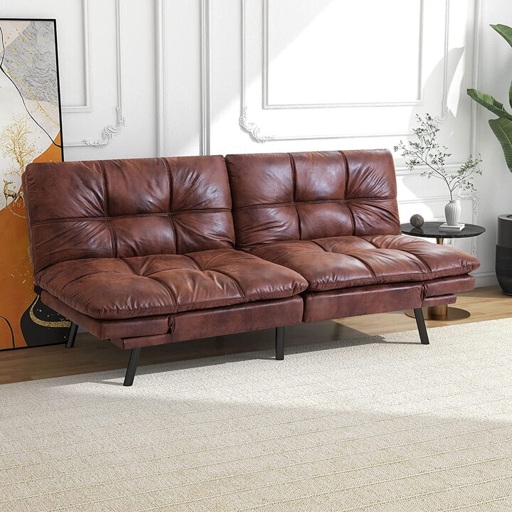 MILEMONT Futon Sofa Bed Modern Faux Leather Convertible Sofa Memory