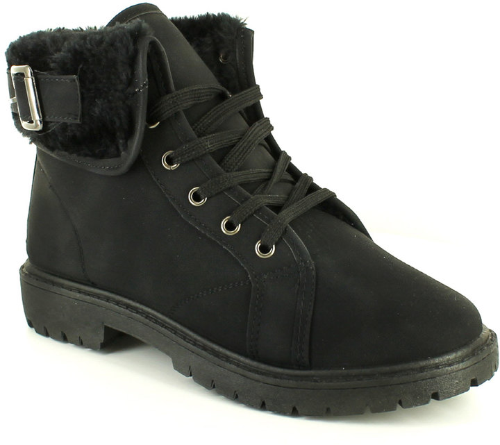 Wynsors New Ladies/Womens Black Lace Ups Faux Fur Lined Boots With