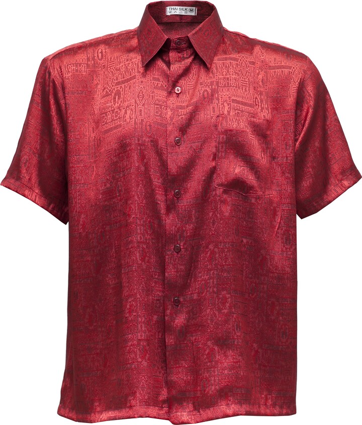 Thai Silk Men's Shirt Short Sleeve Jacquard Pattern (Red ShopStyle