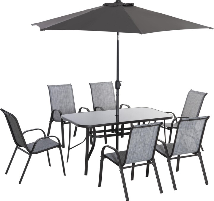 Outsunny Patio Dining Set for Six, Table & Chairs w/ Umbrella,