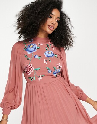 ASOS DESIGN high neck pleated long sleeve skater midi dress with embroidery in dusky pink