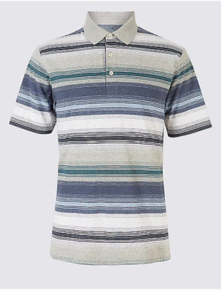 M&S Collection Pure Cotton Striped Polo Shirt
