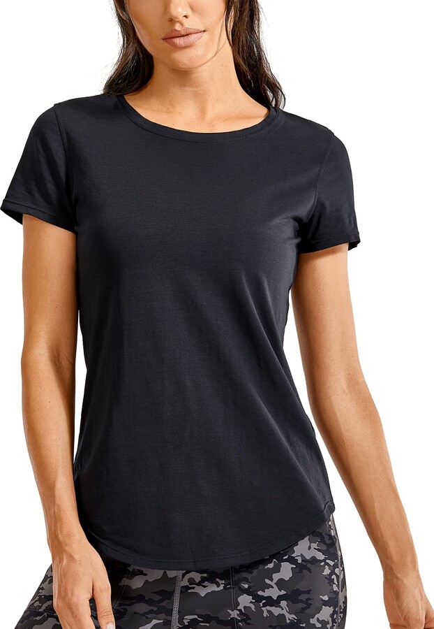 CRZ YOGA Women's Pima Cotton Sports T-Shirt Short Sleeve Workout Shirts  Crewneck Running Yoga Top Black-New 6 - ShopStyle