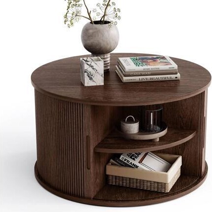 VINIUSIKI LINSY HOME Round Coffee Table, 31.5' Drum Coffee Table with Sliding Tambour Door, Fluted Accent Center Table with Storage, Mid Century Modern...