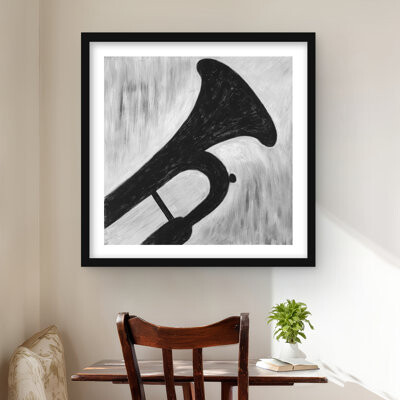Lark Manor Silhouette of a Trumpet - Gray Framed Matted Print for Decor