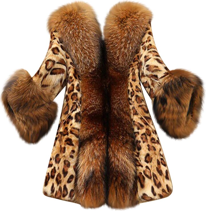 JEELINBORE Womens Vintage Faux Fur Leopard Print Mid-Length Parka Coat Outwear Long Sleeve Overcoat 