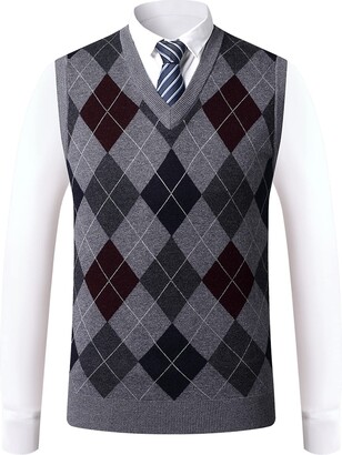 KTWOLEN Mens Casual V-Neck Sleeveless Jumper Vest Argyle Business Knitwear Waistcoat Knitted Sweater Gilet Gentleman Slipover 