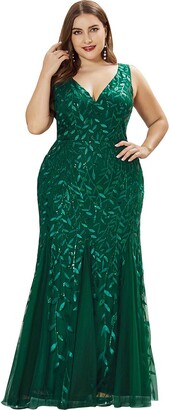 Ever Pretty Ever-Pretty Women's V Neck Sleeveless Elegant Mermaid Maxi Plus Size Bridesmaid Dresses with Sequins Dark Green 10UK