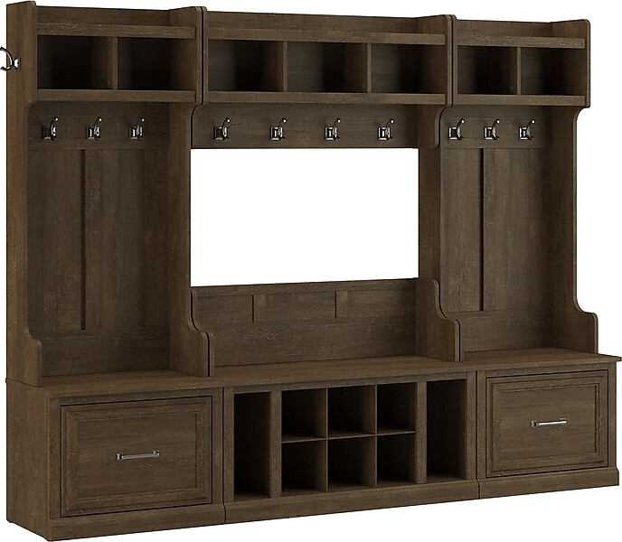 Bush Furniture Woodland Full Entryway Storage Set with Coat Rack and Shoe Bench with Drawers, Ash Brown (WDL014ABR)