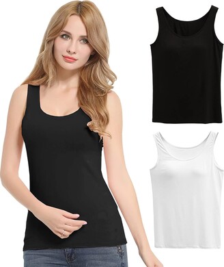 Long Cotton Camisole Tank Top with Built in Bra for Women Basic Cami with  Shelf Bra Tank Tops Undershirt