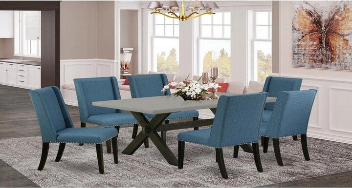 East West Furniture 7-Piece Rectangle Natural Oak Finish Solid Wood Top Dining Set with 1 table and 6 Upholstered-Chairs with Lattice Back