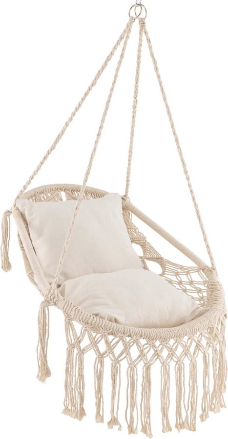 Costway Indoor Outdoor Macrame Swing with Soft Seat Cushions Sturdy Hanging Rope & Chain - Beige/khaki