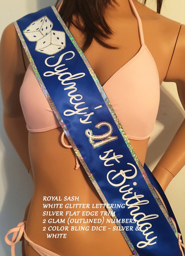 21 Birthday Sash, Sweet 16, 21, 25, 30, 35, 40, 60, 75, Options Incl. Shoulder Zazzle, Trim, & Bow Available By Sashanation