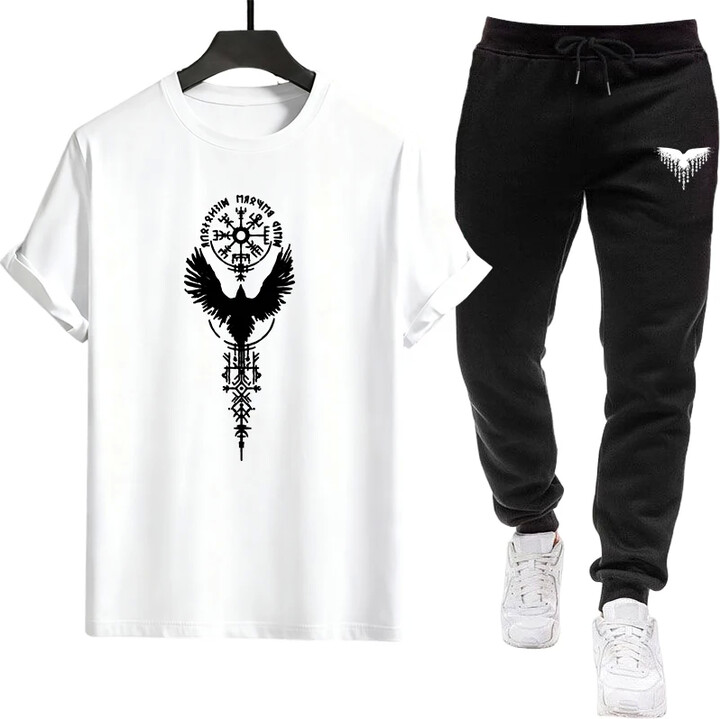 NONE Men Tracksuit T-shirt + Sweatpants Urban Casual Fashion O-neck Short Sleeve Tees Outfits 2piece for Spring Summer Men & apos;s Clothing