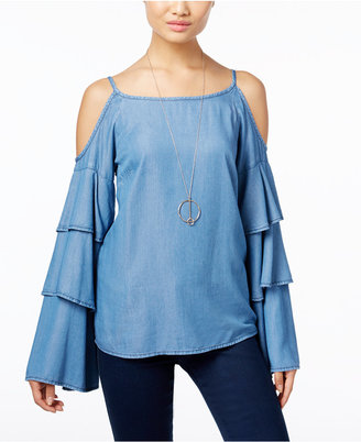 INC International Concepts Denim Ruffled Cold-Shoulder Top, Created for Macy's