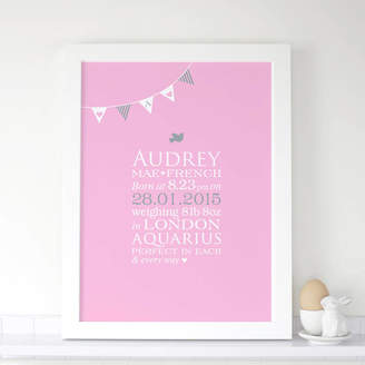 Co The Bonny Print Personalised Baby Girl 'Bunting' Birth Print