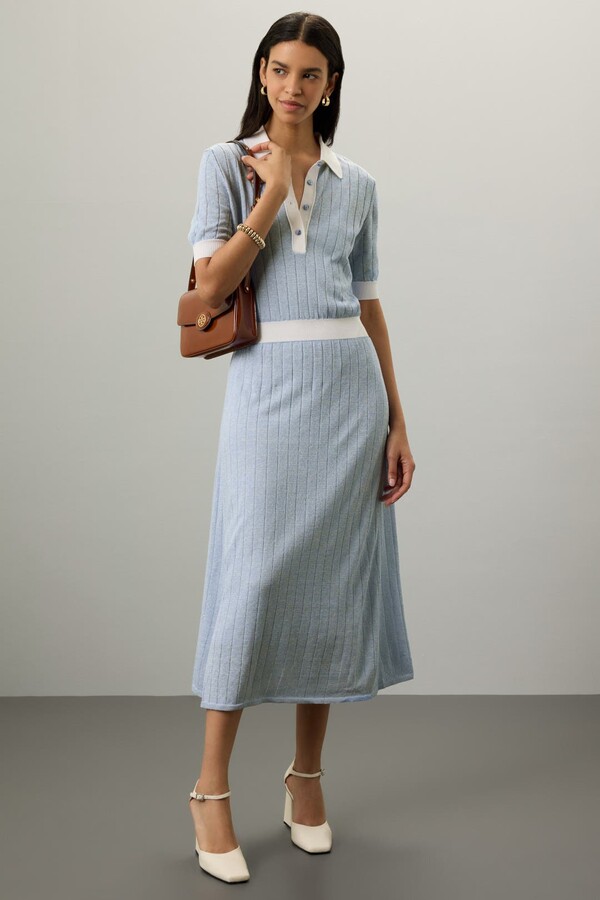 Polo Knit Midi Dress Blue-white