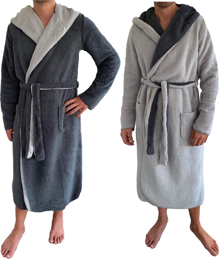 HOMELEVEL Sherpa Reversible Bathrobe Men with Hood Dressing Gown