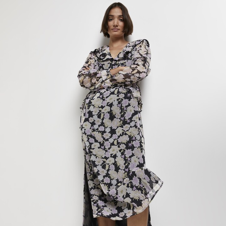 River Island Womens Black floral frill midi dress ShopStyle
