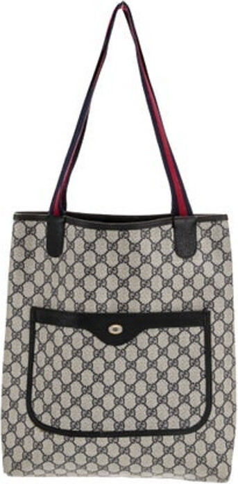 Gucci Tote Blue GG Plus Gold-Tone Hardware Leather Trim Dual Shoulder Straps Leather Trim Embellishment & Single Exterior Pocket Canvas Lining Open Top
