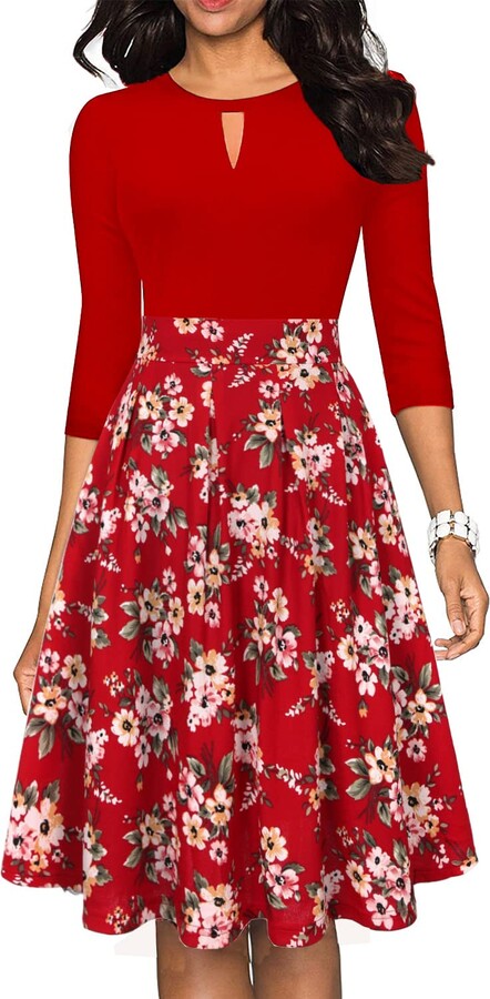 CHICCLOTH Women's Vintage Swing Casual Party Work Dresses Chic Black Khaki  Flower Print O-Neck Knee Length Winter Cocktail Holiday Wedding Evening  Dress (Red XL) - ShopStyle