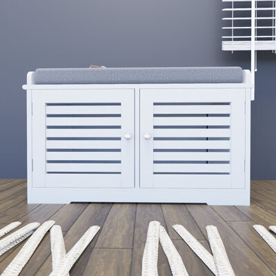 White Shoe Storage Bench With Padded Seat, Entry Bench With 2 Barn Doors