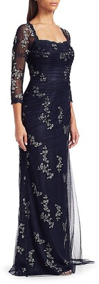Teri Jon by Rickie Freeman Mesh Long-Sleeve Embroidered Floral Gown