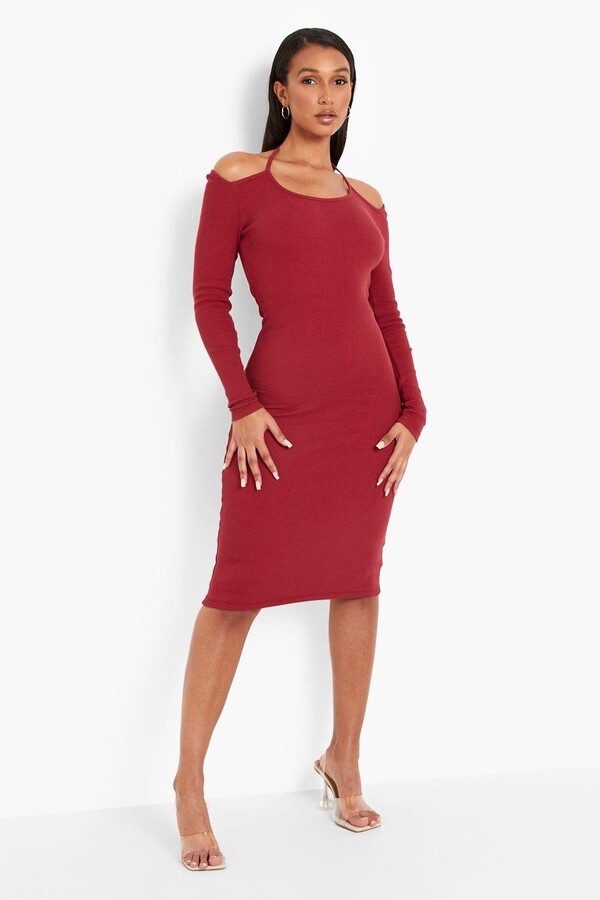 red cold shoulder midi dress