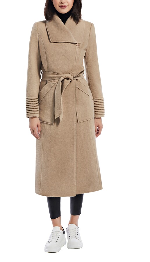 camel belted wrap coat
