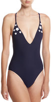 Thumbnail for your product : Michael Kors Collection Plunging V-Neck Cross-Back One-Piece w/ Flower Trim, Blue