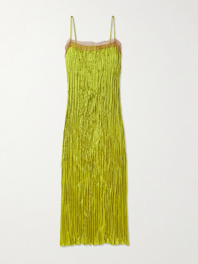 Jason Wu Collection Organza-trimmed Plissé Hammered Silk-satin Midi Dress - Yellow