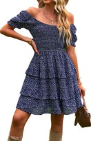 Thumbnail for your product : Kirundo 2023 Summer Women's Square Neck Smocked Floral Dress Boho Off Shoulder Tiered Ruffle Flowy Mini Short Dresses(Blue