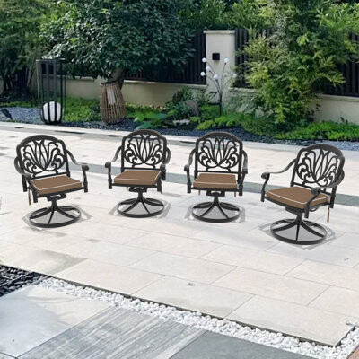MIRROR FLY Outdoor Cast Aluminum Swivel Chair, 360° Swivel Function, with Red Cushion (Set of 4)