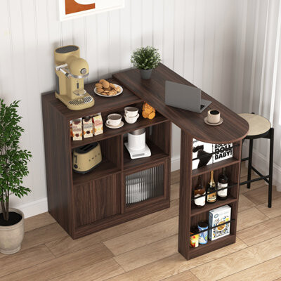George Oliver Modern Bar Cabinet With Rotating Top Counter Height Dining Cabinet With 6 Storage Space And 2 Ribbed Glass Door For Kitchen The Rotating Top With 3