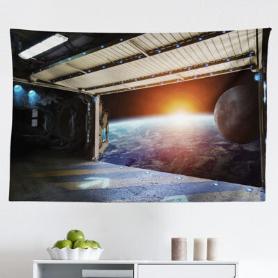 East Urban Home Outer Space Tapestry, Earth Scene From A Space Plane Runway Gate Globe Galaxy Up To Stars Picture, Fabric Wall Hanging Decor For Bedroom Living Room D
