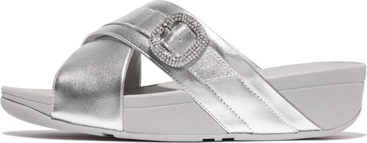 FitFlop Women's LULU Crystal-Buckle Metallic-Leather Cross Slides Sandal -  ShopStyle