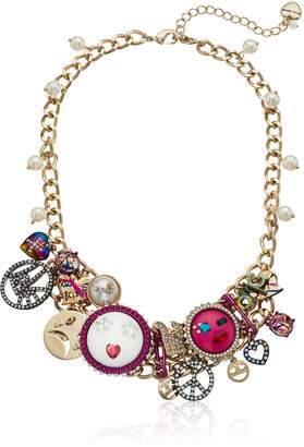 Betsey Johnson Harlem -Charm and Pearl Frontal Necklace, 17" + 3" Extender