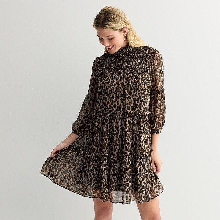Taylor Women's Leopard Print Mockneck Tiered Shift Mini Dress