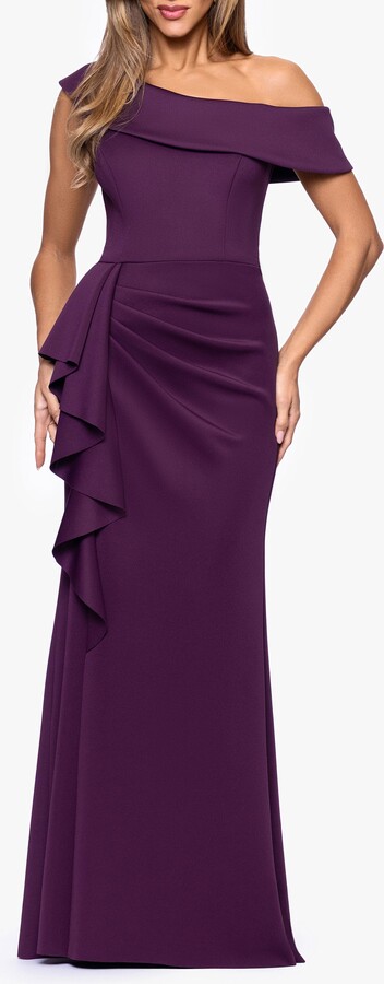 Xscape Evenings Ruffle One-Shoulder Scuba Knit Gown