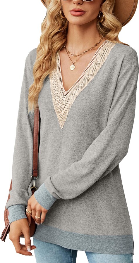 Alacire Jumpers for Women UK Lace V Neck Trim Long Sleeve