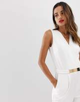 Thumbnail for your product : Morgan plunge wrap front jumpsuit with hardware belt detail in white