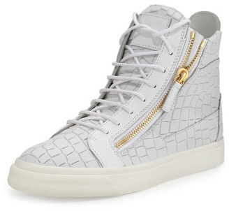 Giuseppe Zanotti Men's Crocodile-Embossed Leather High-Top Sneaker, White