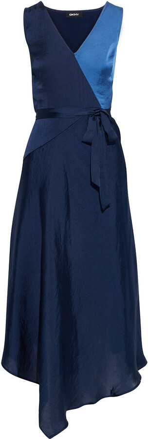 DKNY Asymmetric Two-tone Crinkled Satin-twill Midi Dress - ShopStyle