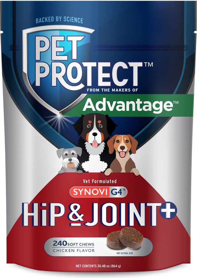 Pet Protect Dog Hip & Joint+ Supplement, Vet-Formulated Synovi G4, Chicken, 240 Soft Chews