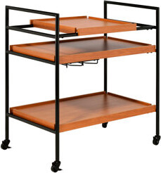 Honey Oak & Black Serving Cart With Shelves, Adjustable Wooden Parts, 3 Compartments For Bottles And Utensils, 4 Wheels Movement, Metal Base, Dining R