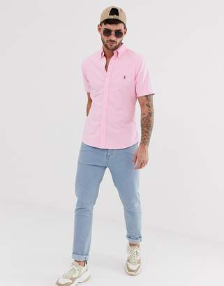 Polo Ralph Lauren player logo short sleeve oxford button down shirt slim fit in pink