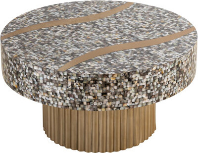 Orren Ellis Luxurious Mother Of Pearl Topped Coffee Table With Stainless Steel Base Perfect For Modern And Contemporary Living Rooms.