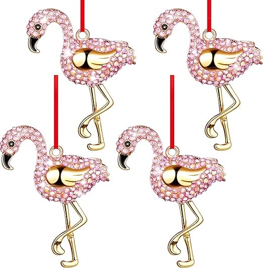 4 Pcs Flamingo Christmas Tree Ornament Crystal Pink Christmas Tree Decorations Pink Flamingo Christmas Ornaments Hanging Flamingo Ornaments Alloy Holiday Decor with Red Ribbon for Home Xmas Party